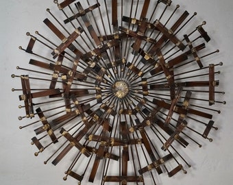 Incredible 1960's Original Mid-Century Modern Brutalist Sunburst Wall Sculpture in Metal, Copper, and Brass!