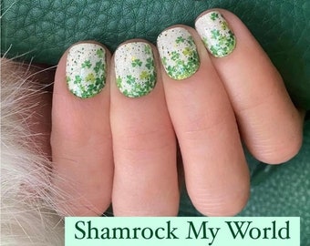 Shamrock My World Color Street St. Patrick’s Day Nail Polish Strips (white polish with green shamrocks and bits of glitter)