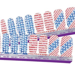May include: A set of 10 nail wraps featuring a patriotic theme with red, white, and blue stripes and stars. The nail wraps are labelled "colorSTREET" and "PEEL OFF".