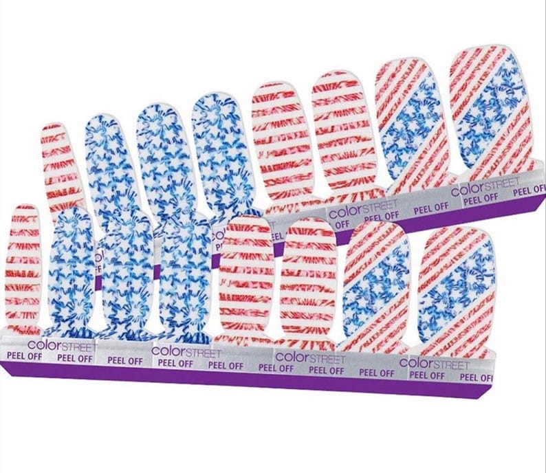 May include: A set of 10 nail wraps featuring a patriotic theme with red, white, and blue stripes and stars. The nail wraps are labelled "colorSTREET" and "PEEL OFF".