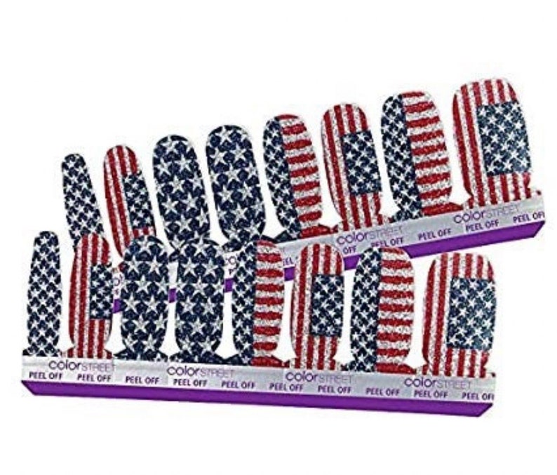 May include: A set of 10 nail polish strips featuring a glittery American flag design. The strips are labelled "Color Street" and "Peel Off".