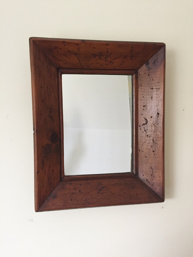 Vintage Wall Mirror 14 X 17 Wood Framed Rustic Distressed Dark Pine 3 5 Wide Molding Frame Farmhouse