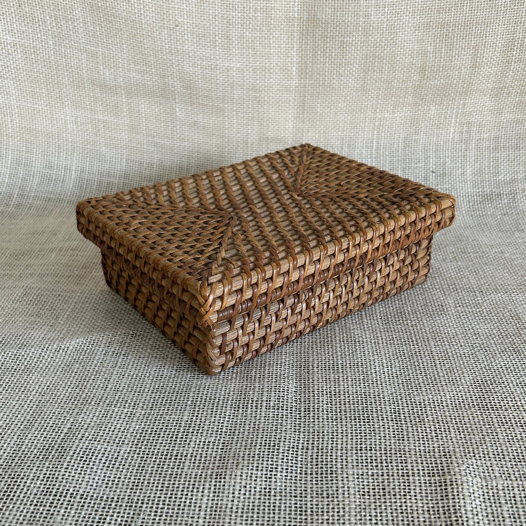 Vintage Rectangular Basket With Lidstraw Basketrattan Box Basketbasket