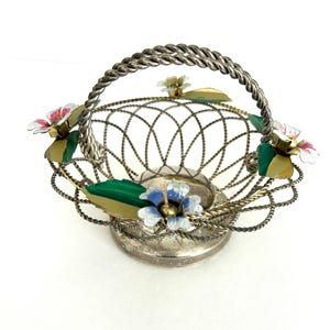 Vintage Silver Wire Basket with Handle and Painted Flowers--Silver Basket--Silver Wire Handle Basket--6&#39;&#39; Wire Basket--Easter Basket