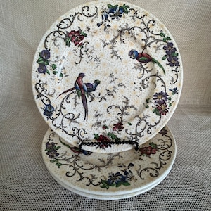 Antique Dishes--Set of 3 Antique English Dinner Plates--Cauldon English Chinoiserie &#39;Bird of Paradise&#39; Chintz Transferware Plates