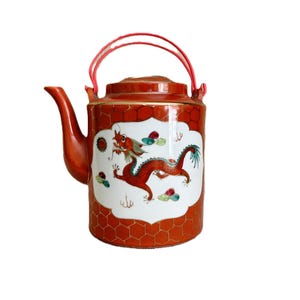 Vintage Chinese Teapot--Dragon and Phoenix Coral Red Tall Teapot--Hand Painted Asian Teapot--Mid Century Asian Decor--Tea Party Collectible