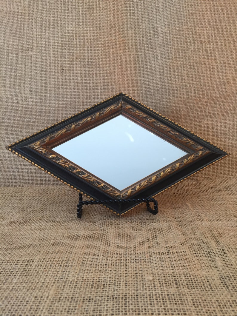 Diamond Shaped Gold And Black Mirror 6 X 10 Inch Rhombus Wood Framed Accent