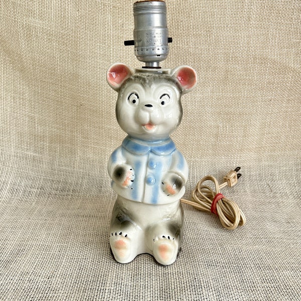 Vintage Teddy Bear Ceramic Table Lamp--1950's Teddy Bear Nursery Lamp--Pajama Bear Bedside Lamp