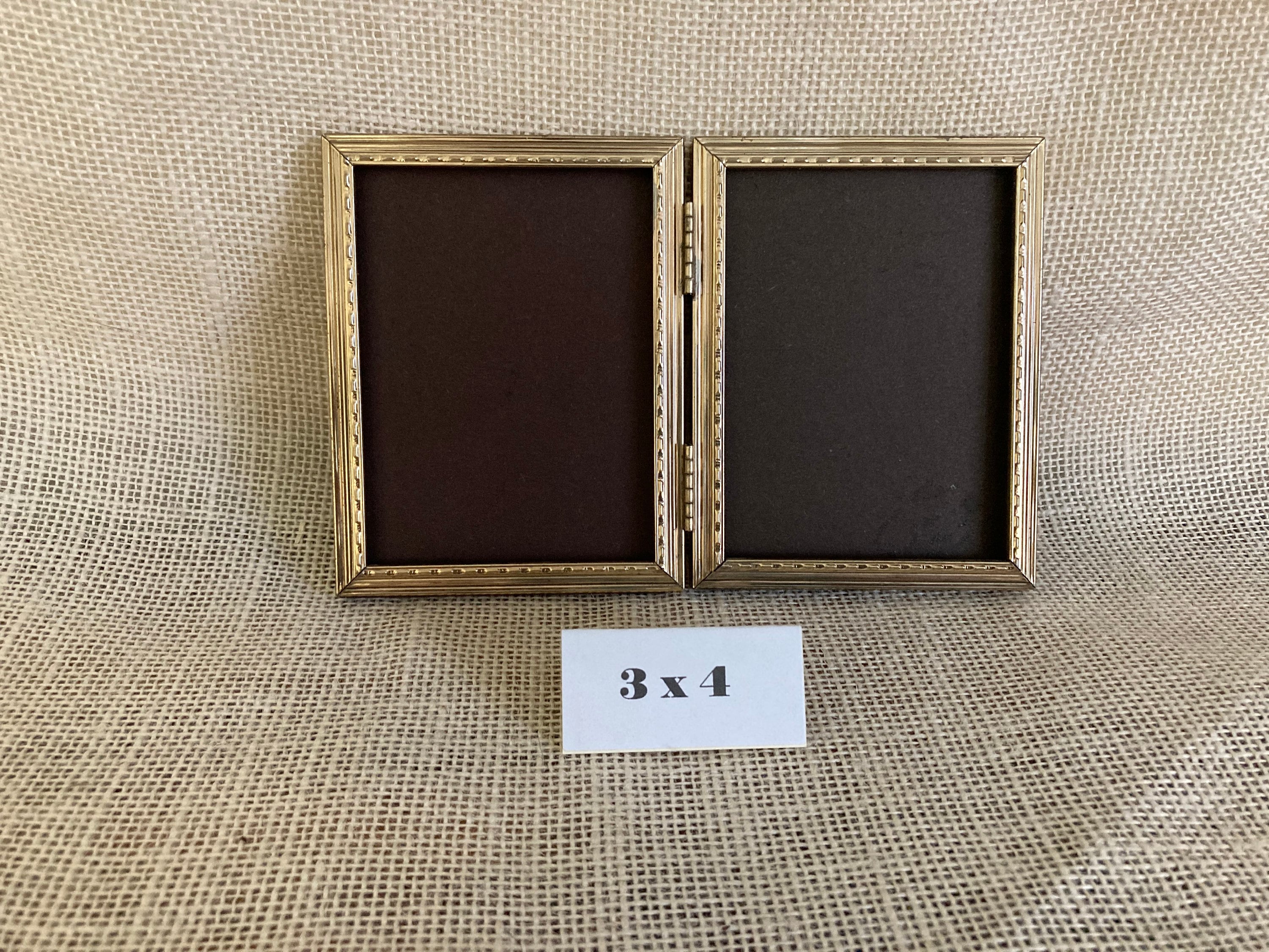 3 x 4 Photos 3x4 Frame Gold Tone Metal w/ Glass Vintage Hinged Double Picture Frame