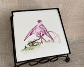 Vintage Tile Trivet Pink Crane Hand Painted Porcelain Tile on Stand Tile Teapot Stand Plant Stand Raised Tile Hot Plate on Metal Base