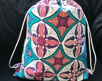 African Cotton Print Multi Color Drawstring Backpack