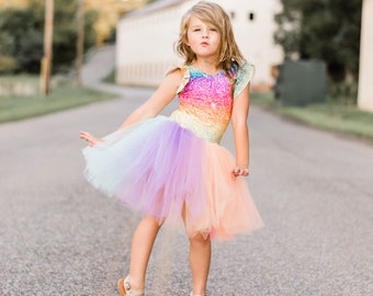 Fiream Rainbow Unicorn Dresses for Girls Tulle Dress Long Sleeve 2-10 Years Old