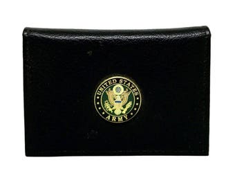 U S Army Green Medallion Mens Black Leather Bi Fold Billfold Wallet Military
