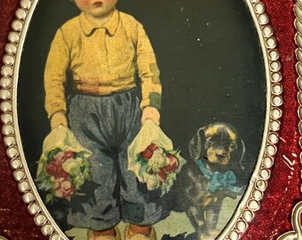 Vintage Dutch Boy Dachshund Wall Plaque – Embossed Foil Floral Frame