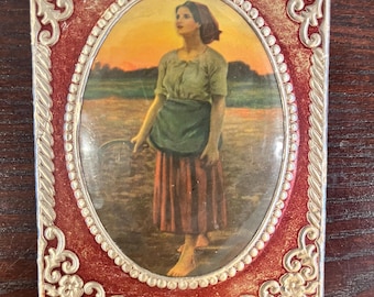 Vintage Song of the Lark Plaque – Celluloid Portrait, Embossed Gilt Foil Wood Backing