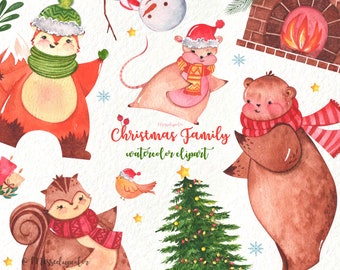 Christmas Clipart, Christmas Watercolor Clipart, Christmas Santa Claus Clipart, Winter Clipart, Animal clipart, Bear, Fox, Nursery, tree