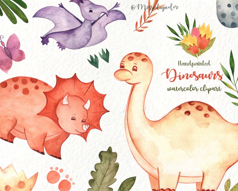 Watercolor Dinosaurs Clipart PNG Cute Dinosaur Clipart Dino - Etsy