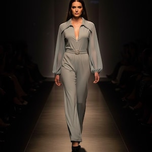 Sage green 1970s style flared jumpsuit with sheer green gold shot chiffon sleeves. In sky blue or black too.
