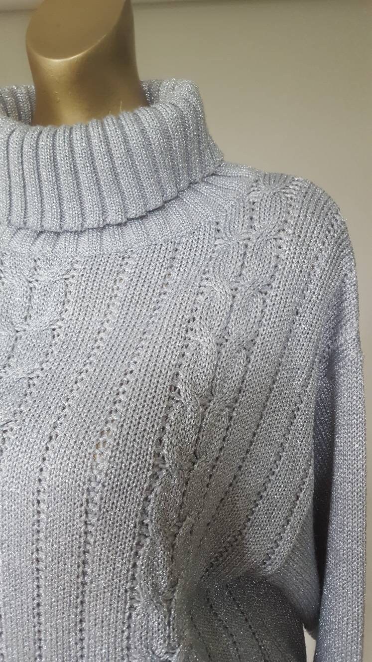 Gorgeous silver high neck cable knit jumper in lurex | Etsy