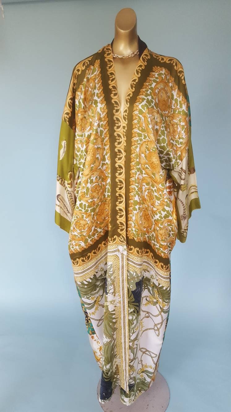 Image of Amazing Long Kimono Style Silky Fashion Leisurewear Duster Coat Made From Vintage Scarves