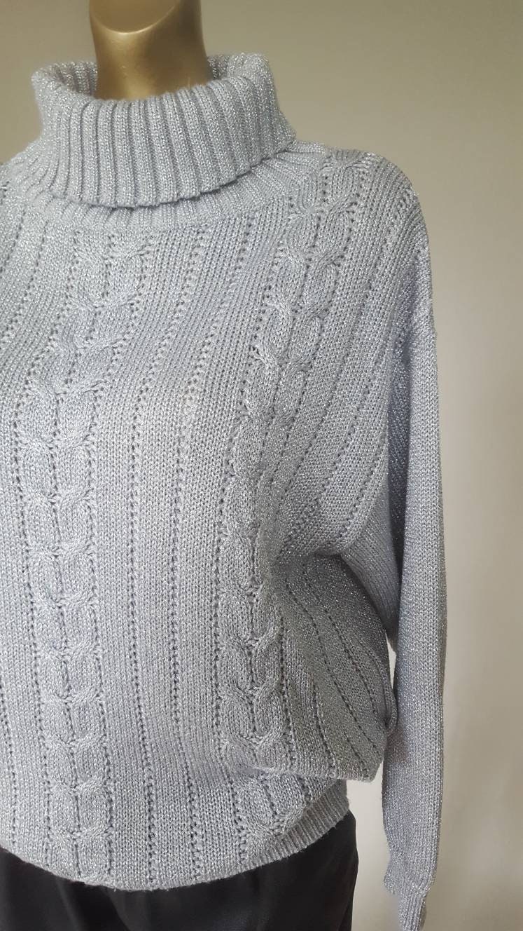Gorgeous silver high neck cable knit jumper in lurex | Etsy