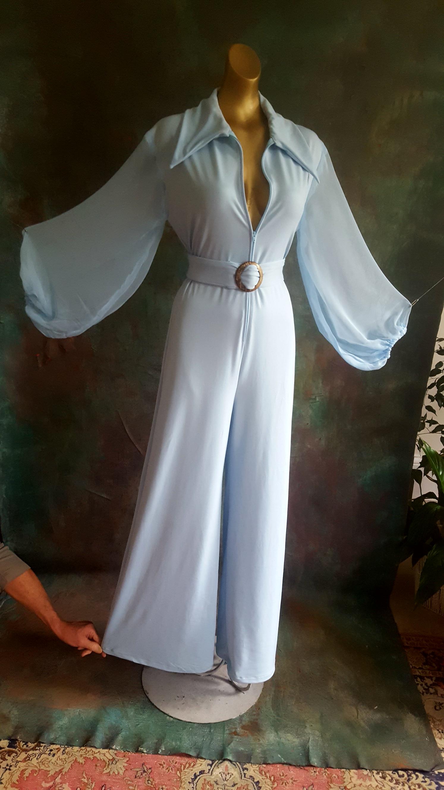 A Pale Blue 1970s Style Flared Jumpsuit With Sheer Chiffon Blue