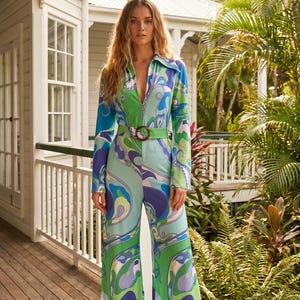 dress in floral and abstract geometric printed silk jersey 70s custom_made