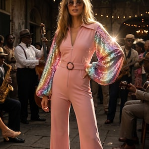 Peut inclure: Une combinaison rose clair dotée d'un col, d'une fermeture éclair sur le devant et d'une ceinture assortie avec une boucle circulaire. Les manches longues et volumineuses sont recouvertes de sequins irisés multicolores scintillants.