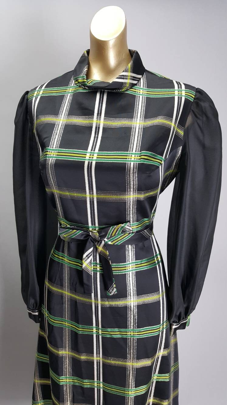 Image of Gorgeous Gold & Green Heritage Plaid Check S Vintage Maxi Evening Party Dress