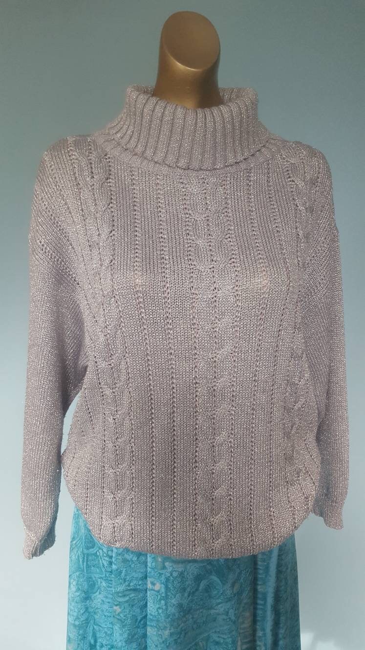 Gorgeous silver high neck cable knit jumper in lurex | Etsy