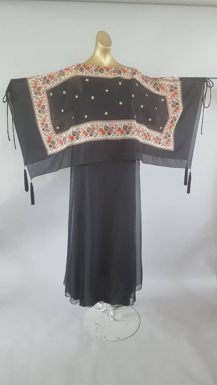 Image of Amazing S Vintage Designer Chiffon Jean Varon Caped & Tassel Maxi Dress