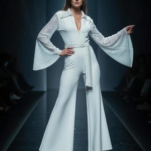 FOR SHANON Amazing white wedding, bachelorette or hen party 70s style disco diva, Studio 54 flared sequin zip up jumpsuit.