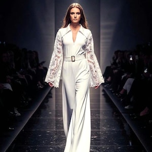 White wedding, bachelorette or hen party 70s style disco diva, Studio 54 flared lace and jersey zip up jumpsuit.