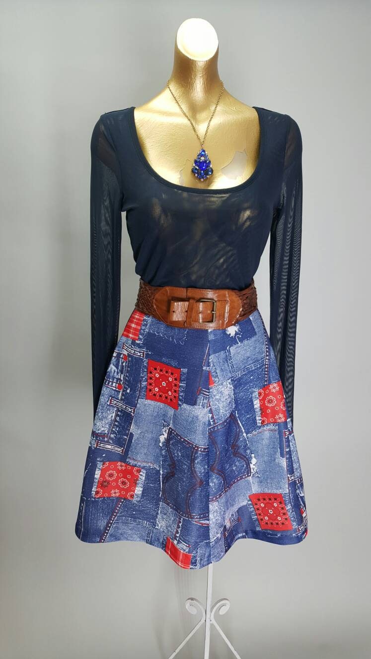Image of S Vintage Sweet A Line Flared Mini Skirt in Mock Denim Patchwork