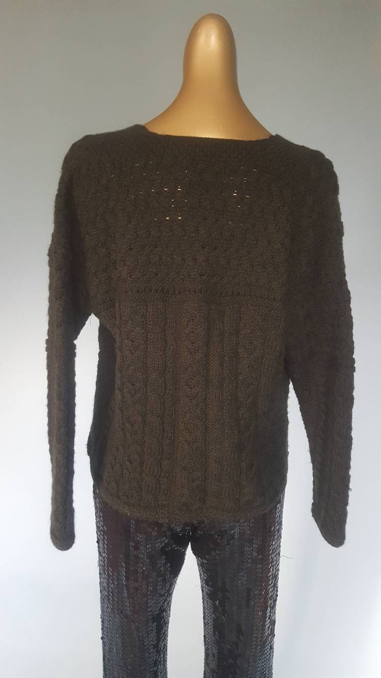 Image of Beautiful Pure Merino Wool Irish Cable Knit Chunky Cardigan in Deep Khaki Green