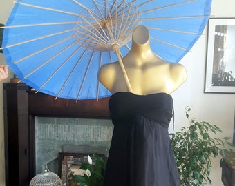 beautiful 1970s vintage japanese rice paper and bamboo EXTRA LARGE sun parasol in stunning deep ocean turquoise