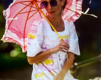 Stunning 1970s pink and white lace vintage my fair lady sun parasol with bamboo wood handle