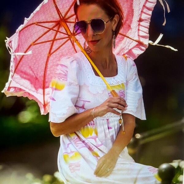 Stunning 1970s pink and white lace vintage my fair lady sun parasol with bamboo wood handle