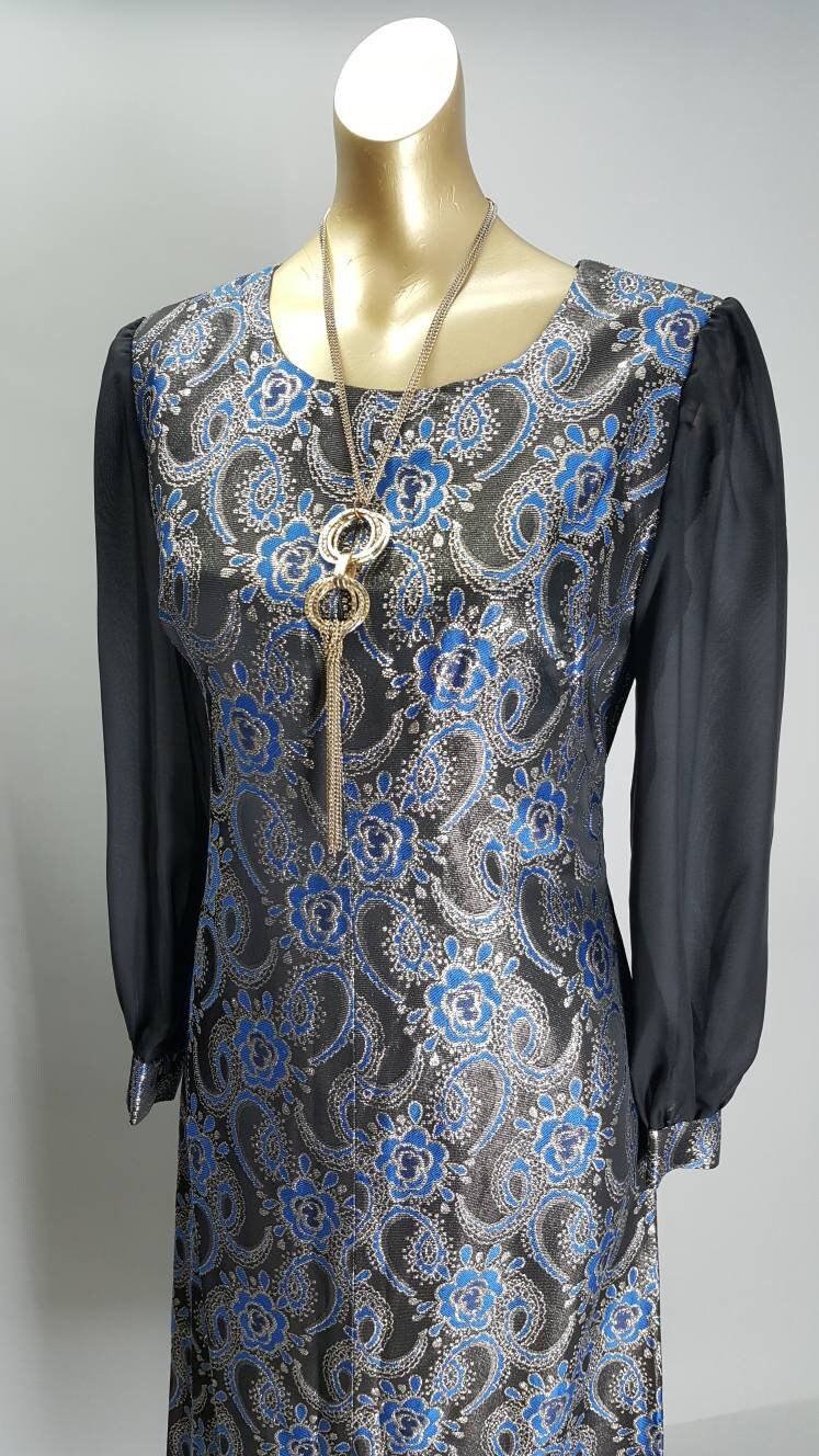 Image of Beautiful S Vintage Black Gold & Royal Blue Lurex Sparkling Maxi Party Dress With Sheer Chiffon Sleeves