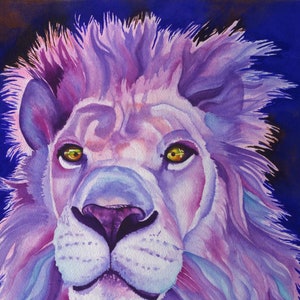 May include: A watercolor painting of a white lion with a purple mane. The lion's eyes are a bright yellow, and the background is a deep blue.