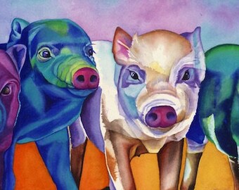 Pig Art "Etta's Babes" - Firmado Giclee Reproducción Impresión Acuarela Pintura Cerdo Obra de arte Decoración de pared Regalo Sinclair Stratton