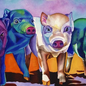 May include: A watercolor painting of four piglets. The piglets are painted in vibrant colors, including purple, blue, green, and white. The piglets are standing in a row, looking at the viewer. The background is a colorful abstract design.