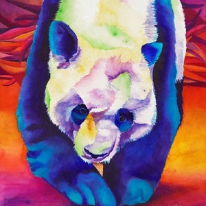 May include: A watercolor painting of a panda bear in a vibrant rainbow color scheme. The panda is standing on its hind legs with its front paws extended. The background is a blur of orange, red, and purple.