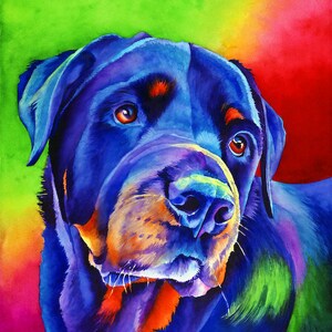 May include: A watercolor painting of a Rottweiler dog with a vibrant blue, green, and red background. The dog's fur is a deep blue with hints of purple and orange. The dog's eyes are brown and the nose is black.