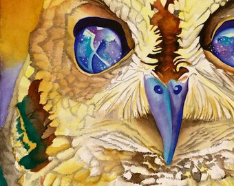 Búho Arte "Zeus el Búho Ciego" - Firmado Giclee Reproducción Impresión Acuarela Pintura Pájaro Obra de Arte Decoración de pared Regalo Sinclair Stratton