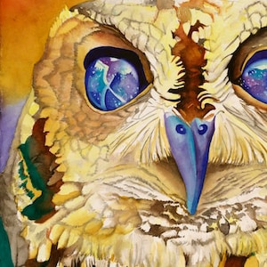 Owl Art &quot;Zeus the Blind Owl&quot; - Signed Giclee Reproduction Print Watercolor Painting Bird Artwork Wall Decor Gift Sinclair Stratton