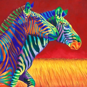 May include: Two zebras with vibrant rainbow stripes stand side-by-side against a red background. The zebras are facing the right side of the image, with their heads turned slightly towards each other. The background is a gradient of red and yellow, with a hint of green at the bottom.