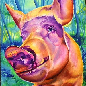May include: A watercolor painting of a pig with a pink, purple, and orange color scheme. The pig is looking directly at the viewer with a friendly expression. The background is a blurred green and blue watercolor wash.