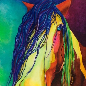 May include: A watercolor painting of a horse's head with a bright yellow, green, blue, and purple color scheme. The horse's mane is long and flowing, and its eyes are a deep blue.