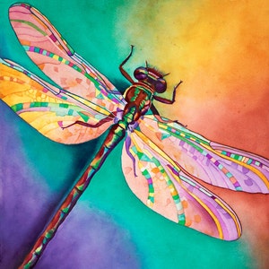May include: A colorful watercolor painting of a dragonfly with intricate details on its wings. The dragonfly is painted against a vibrant background of green, purple, orange, and yellow.
